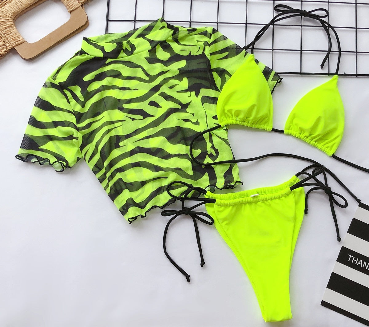 Ornis - Sexy 3 Piece Push-up Padded Brazilian Bikini & Coverup Top Set